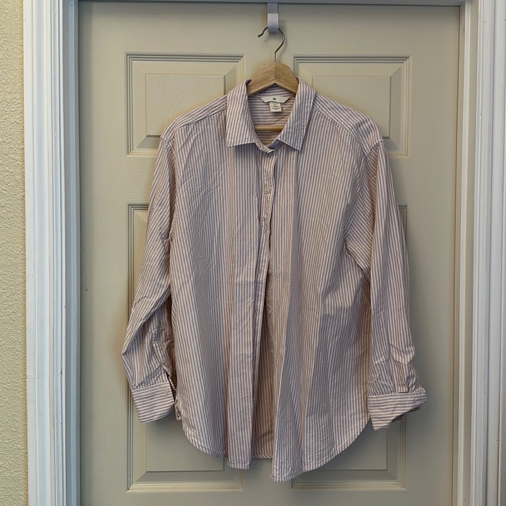 H&M brown a bd white striped oversized shirt.